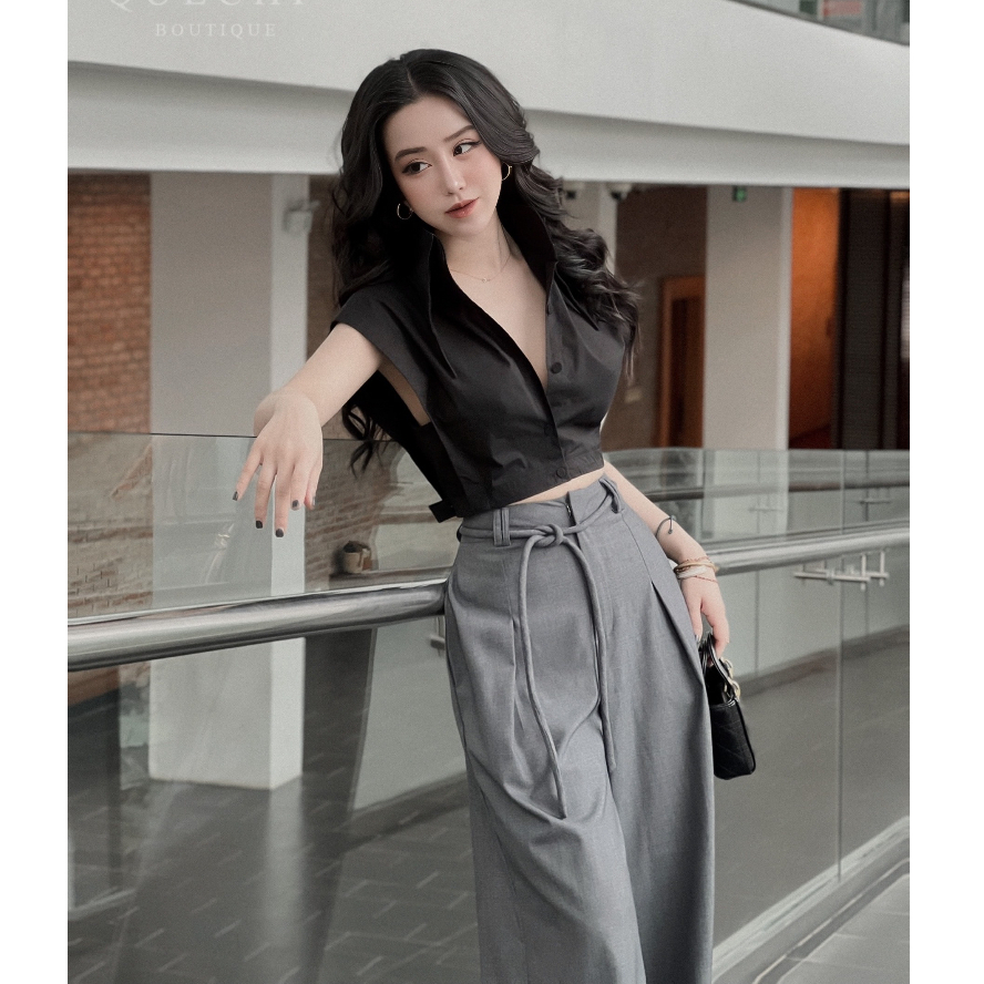 Set áo sơ mi tày chờm croptop đen phối quần taya ống suông rộng xám thời trang công sở thiết kế cao cấp đi làm dạo phố