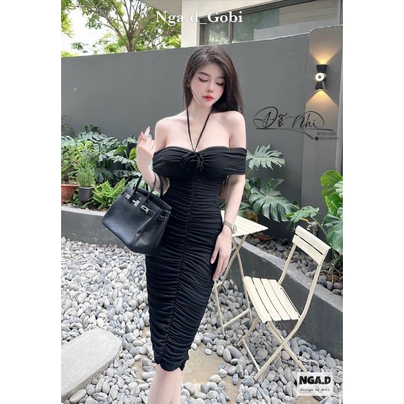 Đầm Ống Thun Lụa Dẻo Trễ Vai Tag Hoa Dây Cổ Yếm Có Mút - Dài Maxi Nhún Thân Ôm Body Sexy - Tiểu Thư Bánh Bèo Sang Chảnh