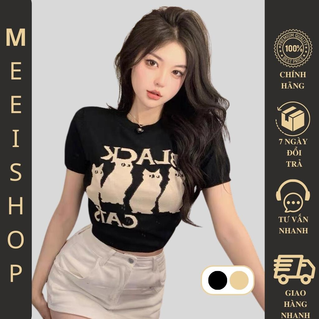 Áo crotop nữ Meei shop ngắn tay cổ tròn in họa tiết 4 chú mèo con dễ thương, Áo kiểu nữ ôm body phong cách (A23)
