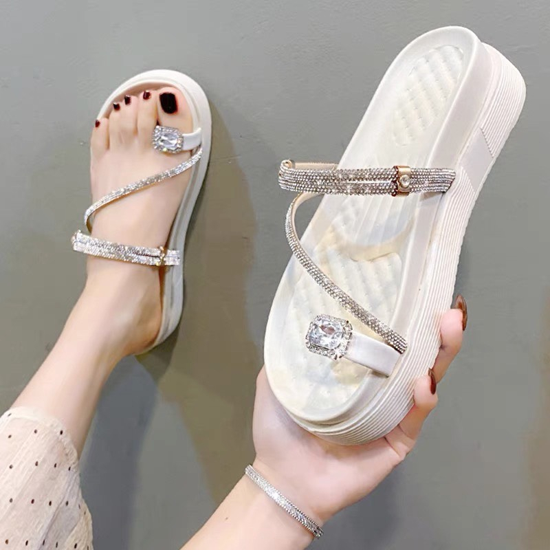 Dép quai ngang thời trang đính đá, Dép nữ đế bánh mì