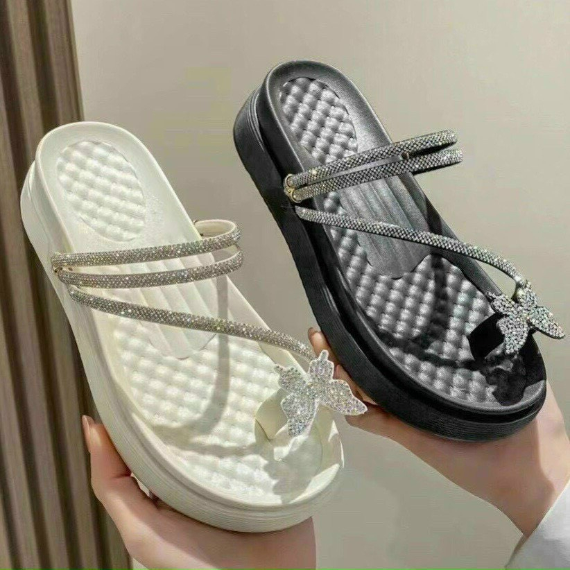 Dép quai ngang thời trang đính đá, Dép nữ đế bánh mì