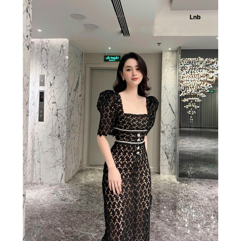 Đầm váy ren nữ dáng dài thiết kế đi dự tiệc cưới dạ hội sự kiện tay ngắn cổ vuông gợi cảm nữ tính sang trọng LEVAN