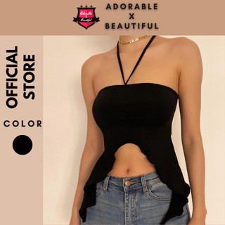 Áo yếm xẻ tà cổ dây, áo ống kiểu xẻ đen phong cách sexy hở lưng