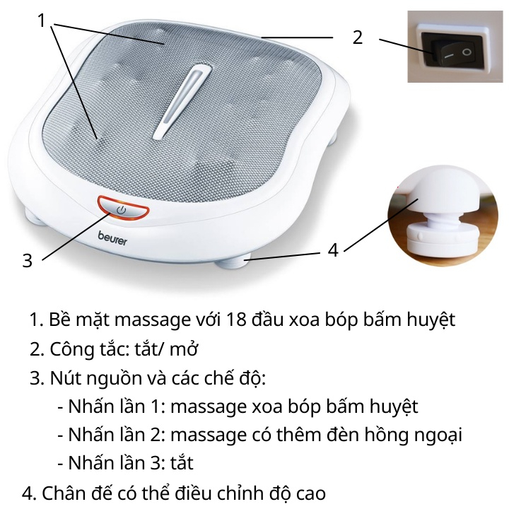 Máy massage chân khô trị liệu Beurer FM60, máy mats xa kết hợp đèn hồng ngoại massage các huyệt đạo ở gan bàn chân