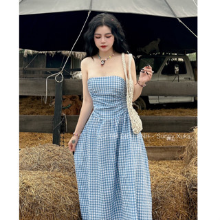 Váy đầm quây kẻ caro xanh trắng thời trang thiết kế đi chơi đi du lịch đi biển xuân hè năng động trẻ trung nữ tính LEVAN