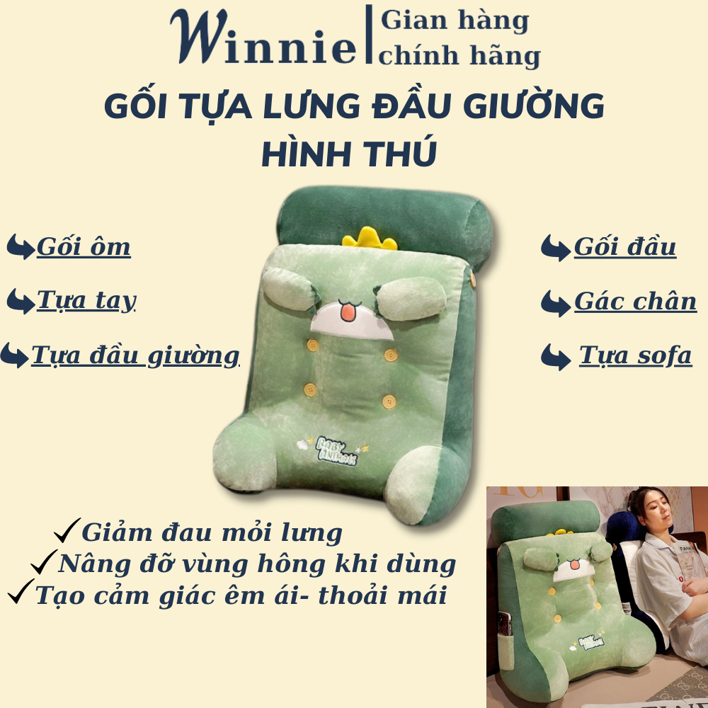 Gối tựa lưng đầu giường hình thú Winnie dễ thương, Gối dựa lưng sofa tạo cảm giác êm ái thoải mái- Kích thước 50x45x20cm