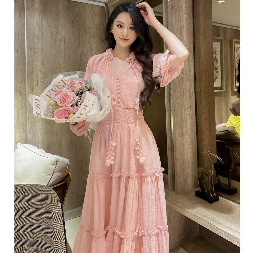 Váy đầm nữ dáng xòe dài tay ngắn cổ cách điệu cài cúc bọc thời trang thiết kế đi biển đi chơi du lịch xuân hè LEVAN
