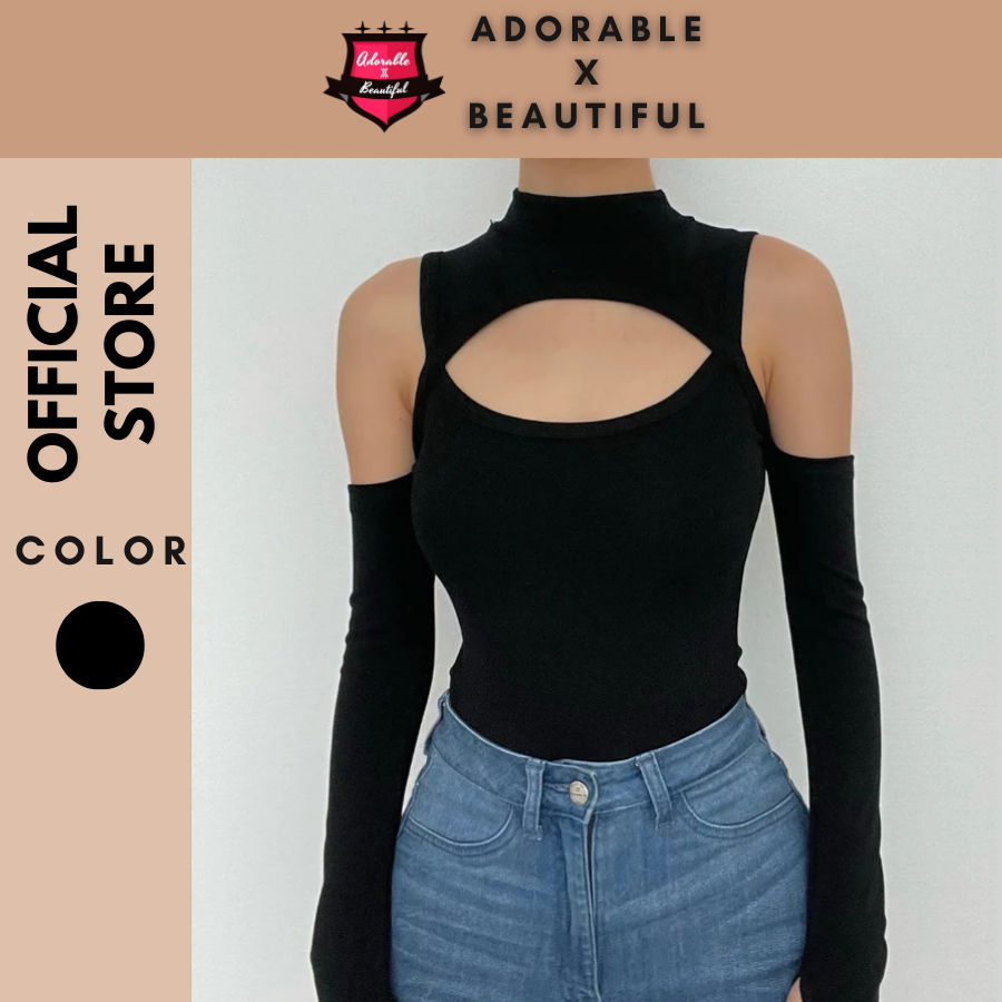 Áo Bodysuit Tay Dài Hở Ngực Chất Thun Đen, Jumpsuit Trơn Cut Out Dài Tay Mềm Mịn Phong Cách Sexy