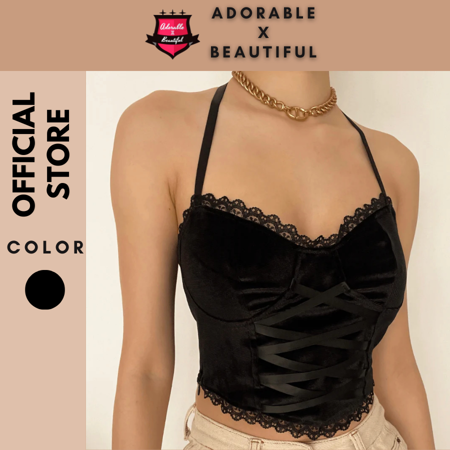 Áo Nhung Phối Ren Đen Hở Lưng Tròng Cổ, Áo Croptop Ôm Body Phong Cách Sexy Ulzzang [AdorablexBeautiful]