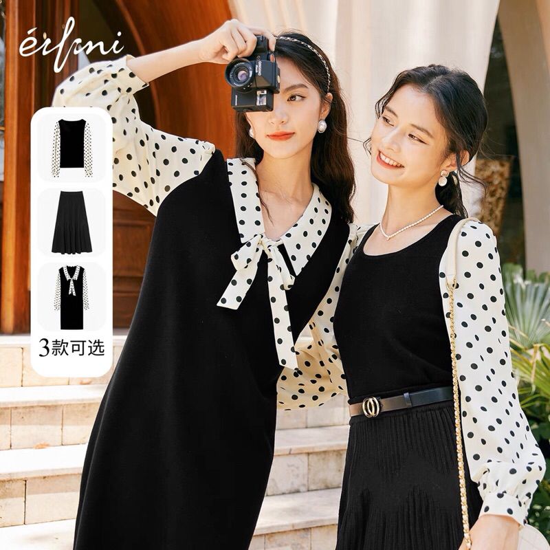 Đầm len đen phối tay chấm bi Eifini