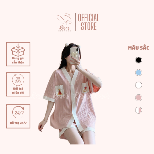 Bộ Pyjama đũi xốp , Bộ đồ nữ mặc ở nhà hoạ tiết Hoạt hình cộc tay quần cộc siêu xinh