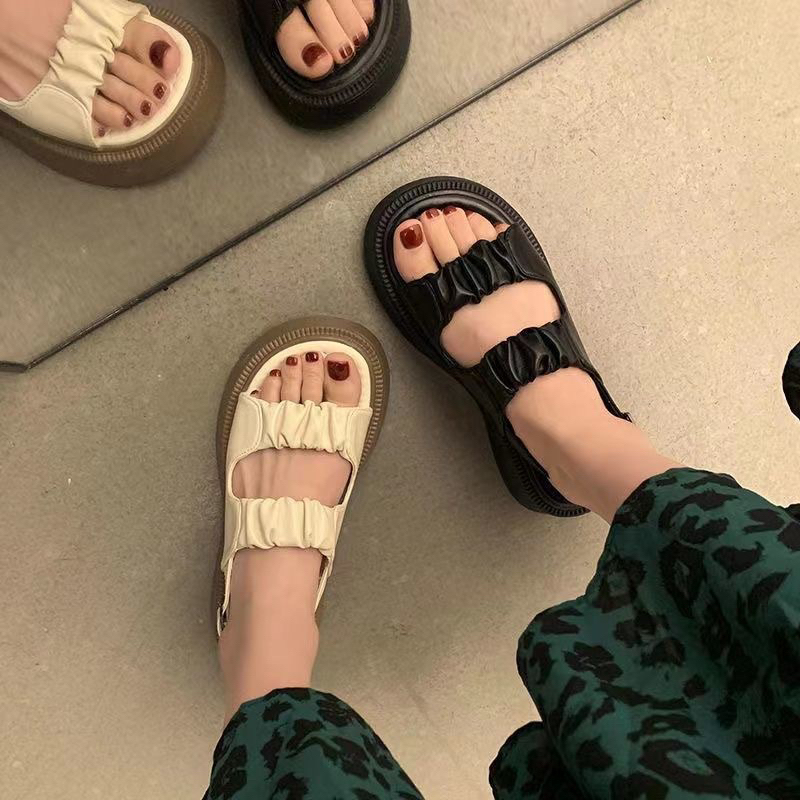   HÀNG QC  Dép Sandal Cài Khuy Bèo Nhún Đế Bánh Mì Đặc Giày Sandal Đi Học Ulzzang 