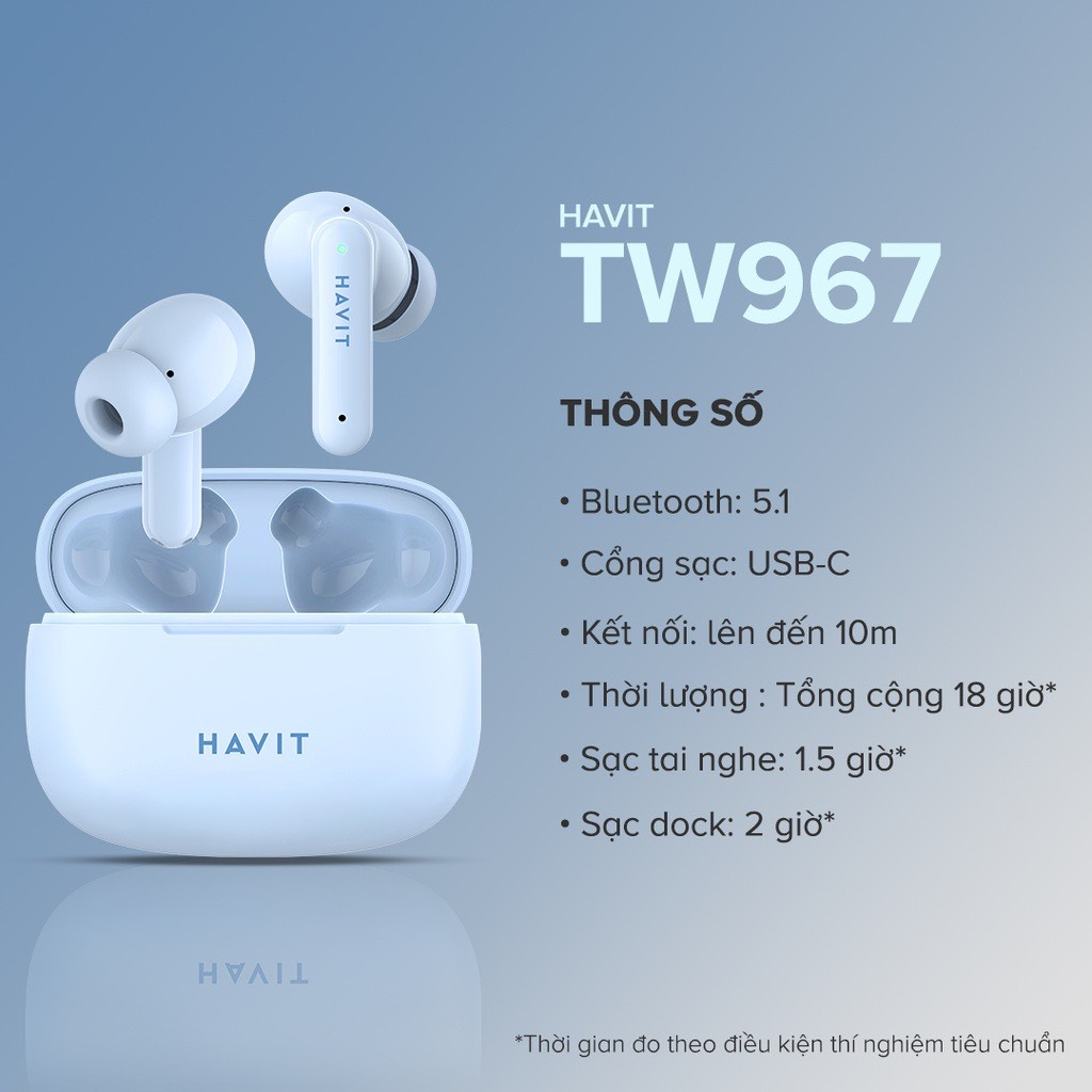 Tai Nghe TWS Havit TW967 BT 5.0, Thiết Kế Công Thái Học, Driver 10mm, Nghe Nhạc Đến 5H - Hàng Chính Hãng