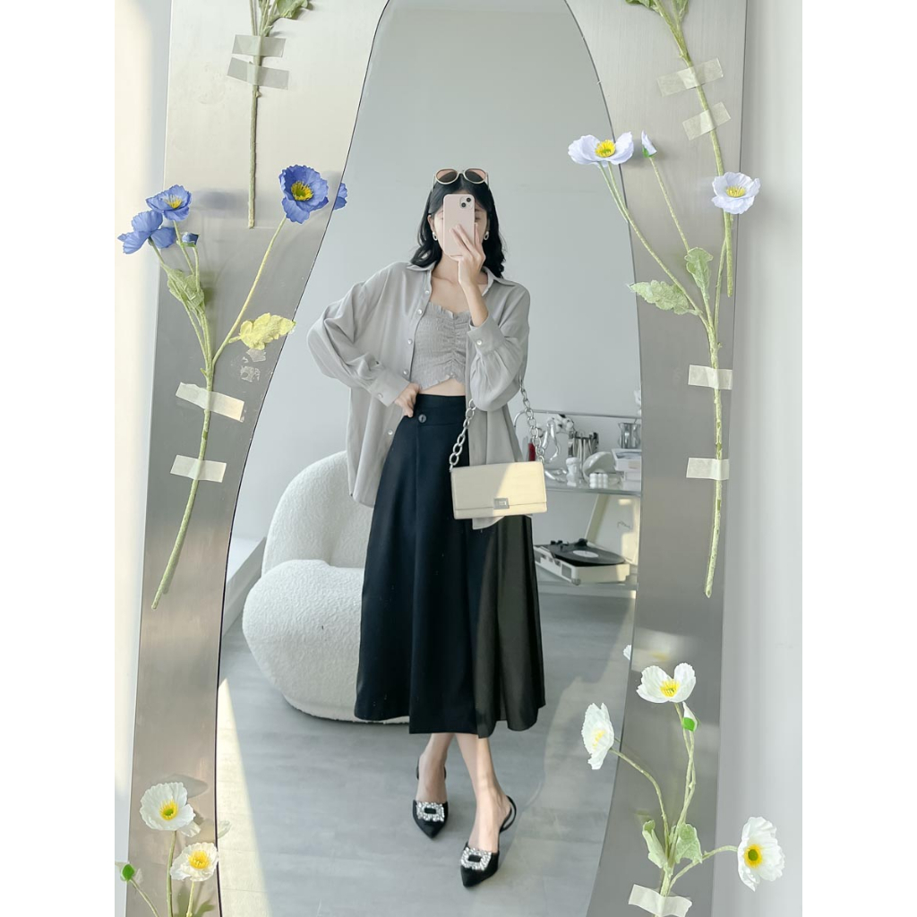 Áo sơ mi oversized tay dài see through thời trang GAGO màu xám GA4332 - không kèm áo ống bên trong