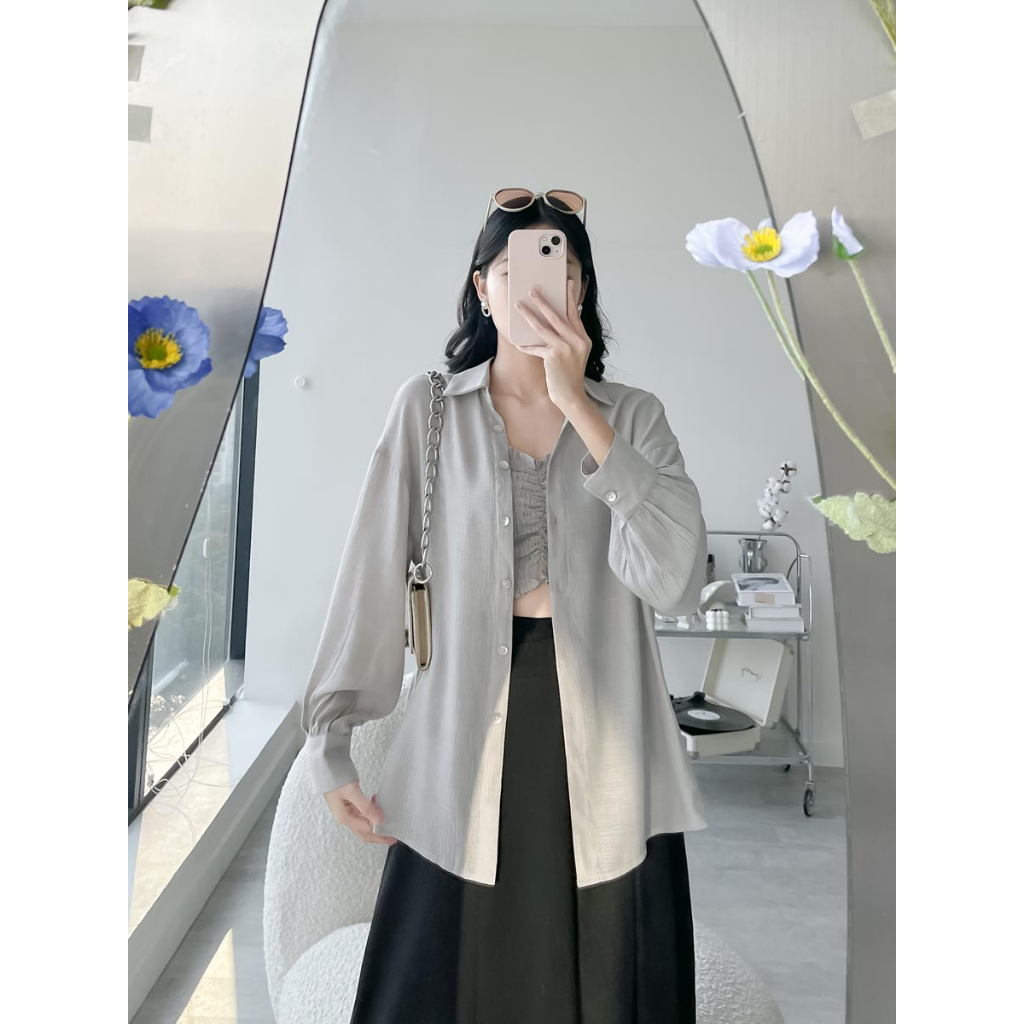 Áo sơ mi oversized tay dài see through thời trang GAGO màu xám GA4332 - không kèm áo ống bên trong