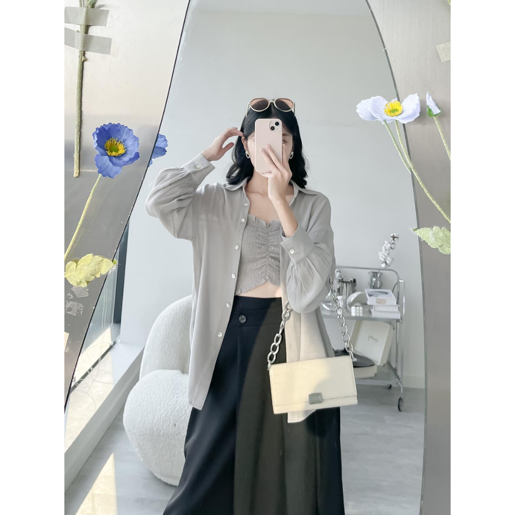 Áo sơ mi oversized tay dài see through thời trang GAGO màu xám GA4332 - không kèm áo ống bên trong