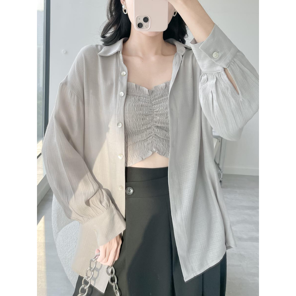 Áo sơ mi oversized tay dài see through thời trang GAGO màu xám GA4332 - không kèm áo ống bên trong