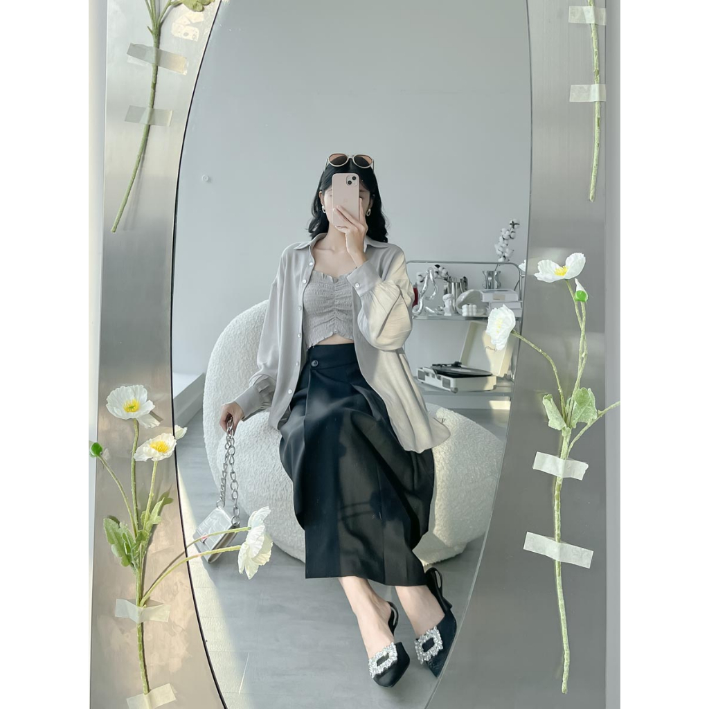 Áo sơ mi oversized tay dài see through thời trang GAGO màu xám GA4332 - không kèm áo ống bên trong