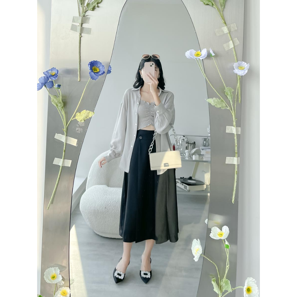 Áo sơ mi oversized tay dài see through thời trang GAGO màu xám GA4332 - không kèm áo ống bên trong