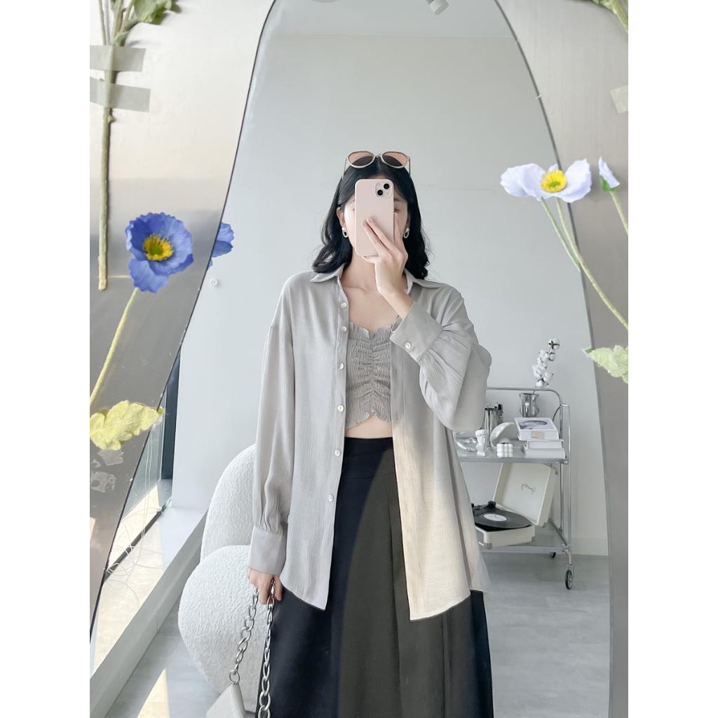 Áo sơ mi oversized tay dài see through thời trang GAGO màu xám GA4332 - không kèm áo ống bên trong
