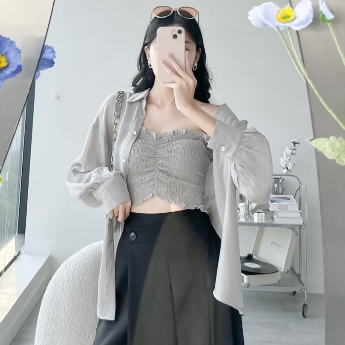 Áo sơ mi oversized tay dài see through thời trang GAGO màu xám GA4332 - không kèm áo ống bên trong