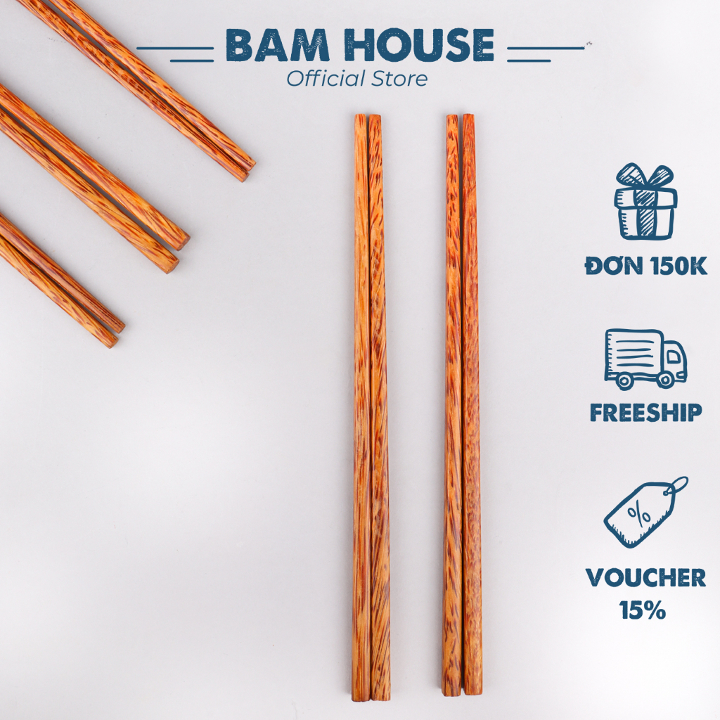 Set 10 đôi Đũa gỗ dừa loại 1 Bam House hoạ tiết vân dừa cao cấp DGD04