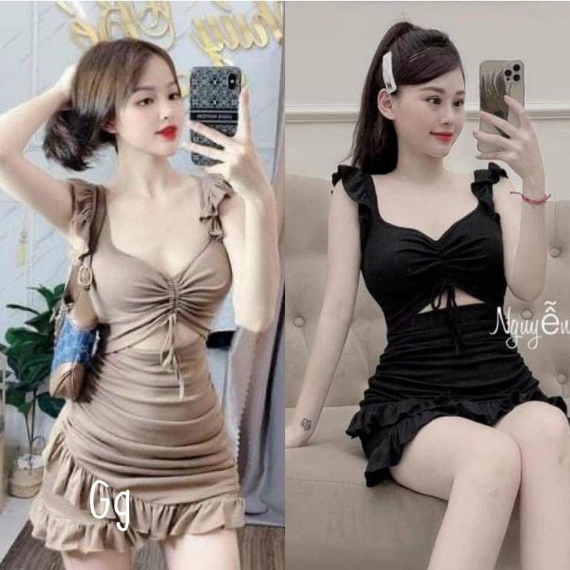 Sét bộ áo 2 dây cánh tiên croptop rút dây giữa phối chân váy chéo viền bèo cực hot , chất thun gân dày dặn