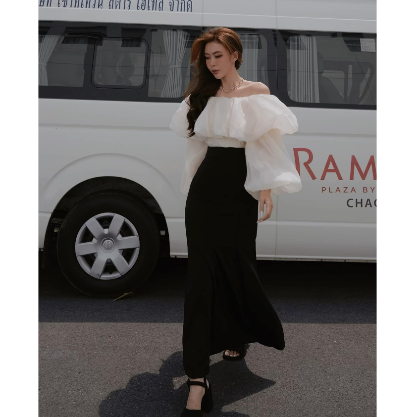 Set Ashley áo trễ vai tơ cát mix chân váy tuyết mưa đuôi cá sang chảnh TKCC Ashley