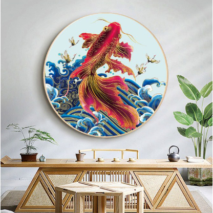 - Tranh Thêu Chữ Thập Cá Chép Vượt Vũ Môn Quan DX1014 (50x50cm)