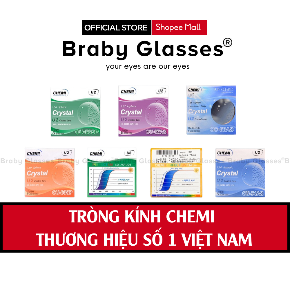 Tròng kính cận,loạn,viễn thị Braby Chemi cao cấp chống tia uv, lọc ánh sáng xanh, đổi màu ra nắng