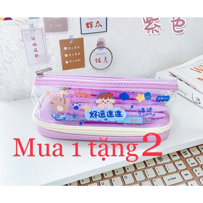 Túi đựng bút 2 ngăn màu sắc dễ thương tặng kèm hình tự dán BBT4