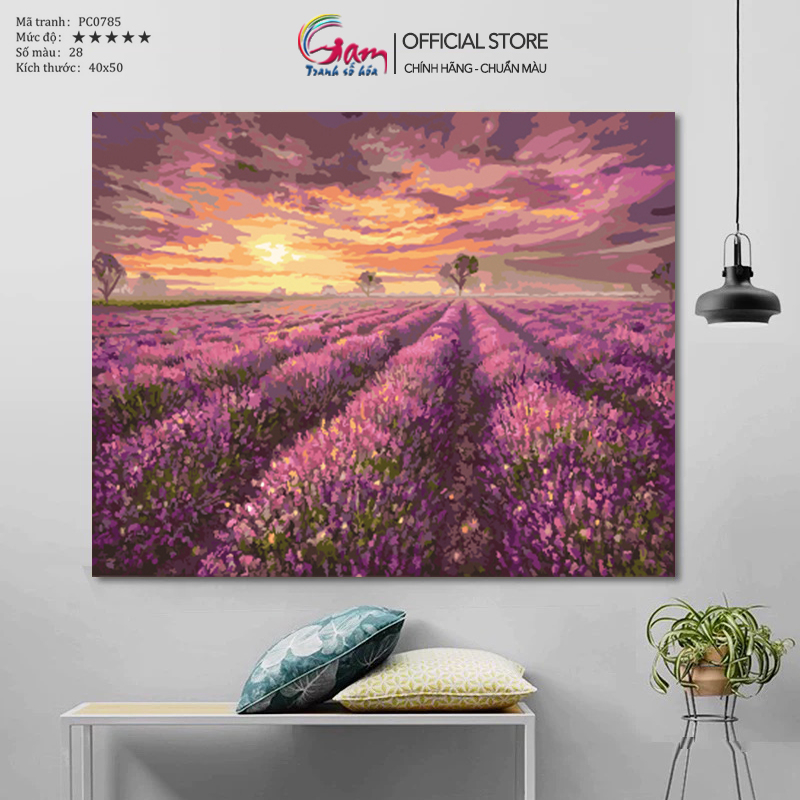 Tranh sơn dầu số hóa tự tô màu theo số Gam Phong Cảnh Cánh Đồng Hoa Lavender Tím căng sẵn khung 2,5cm size40x50cm PC0785