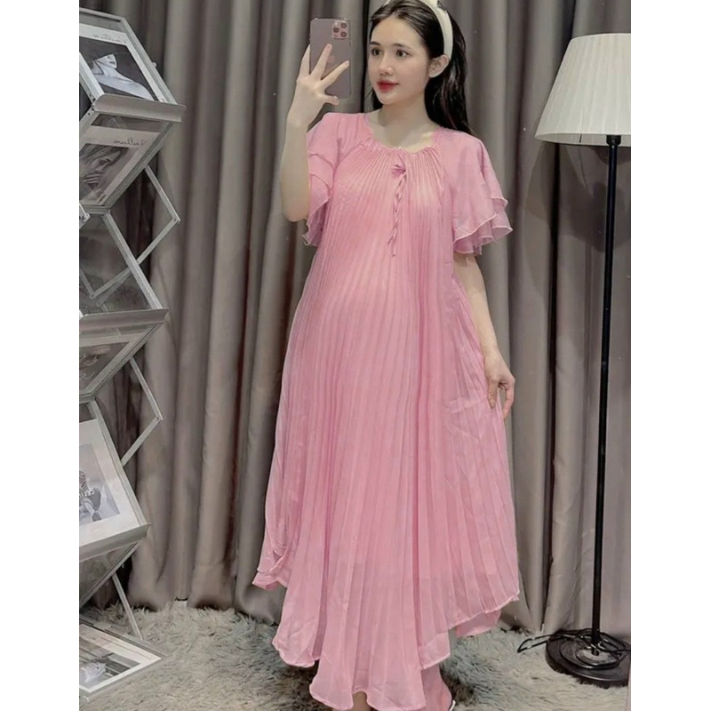 Đầm Bầu Xếp Li Phối Nơ Tay Bèo Xinh Mã HH068