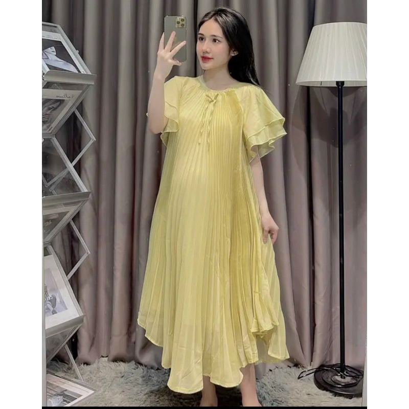 Đầm Bầu Xếp Li Phối Nơ Tay Bèo Xinh Mã HH068