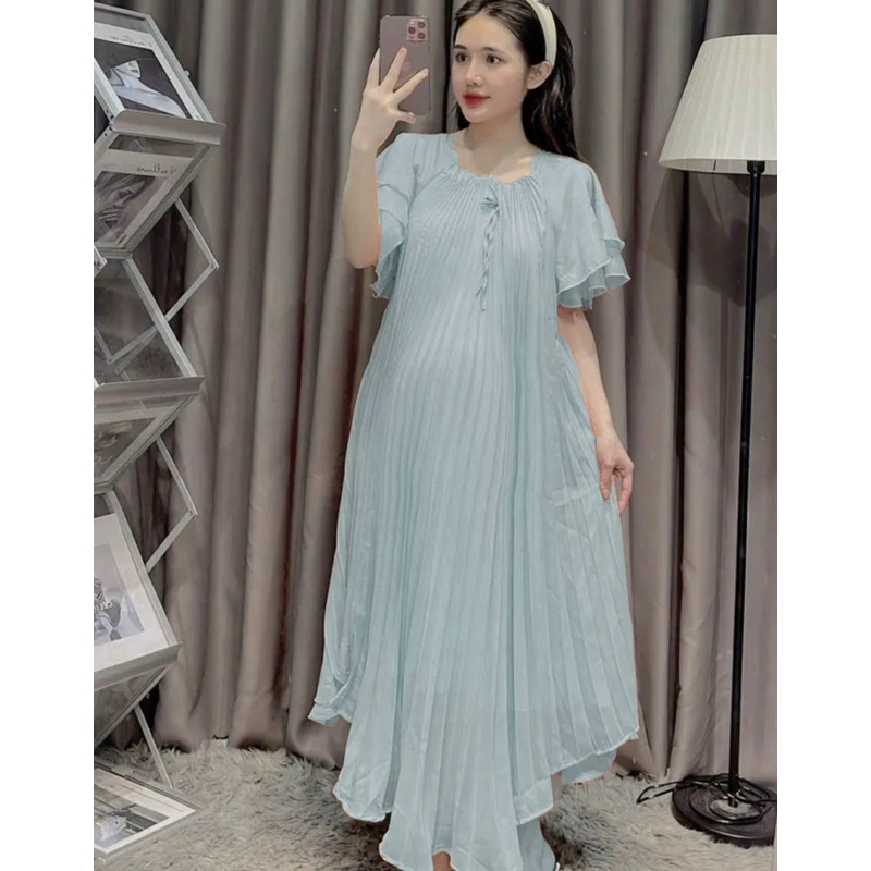 Đầm Bầu Xếp Li Phối Nơ Tay Bèo Xinh Mã HH068