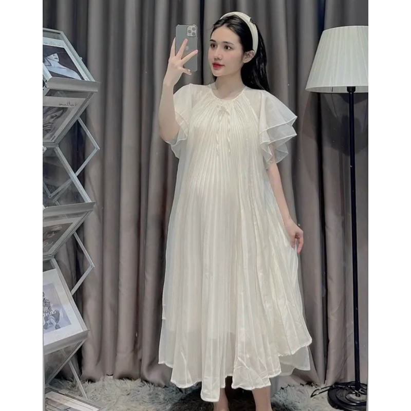 Đầm Bầu Xếp Li Phối Nơ Tay Bèo Xinh Mã HH068