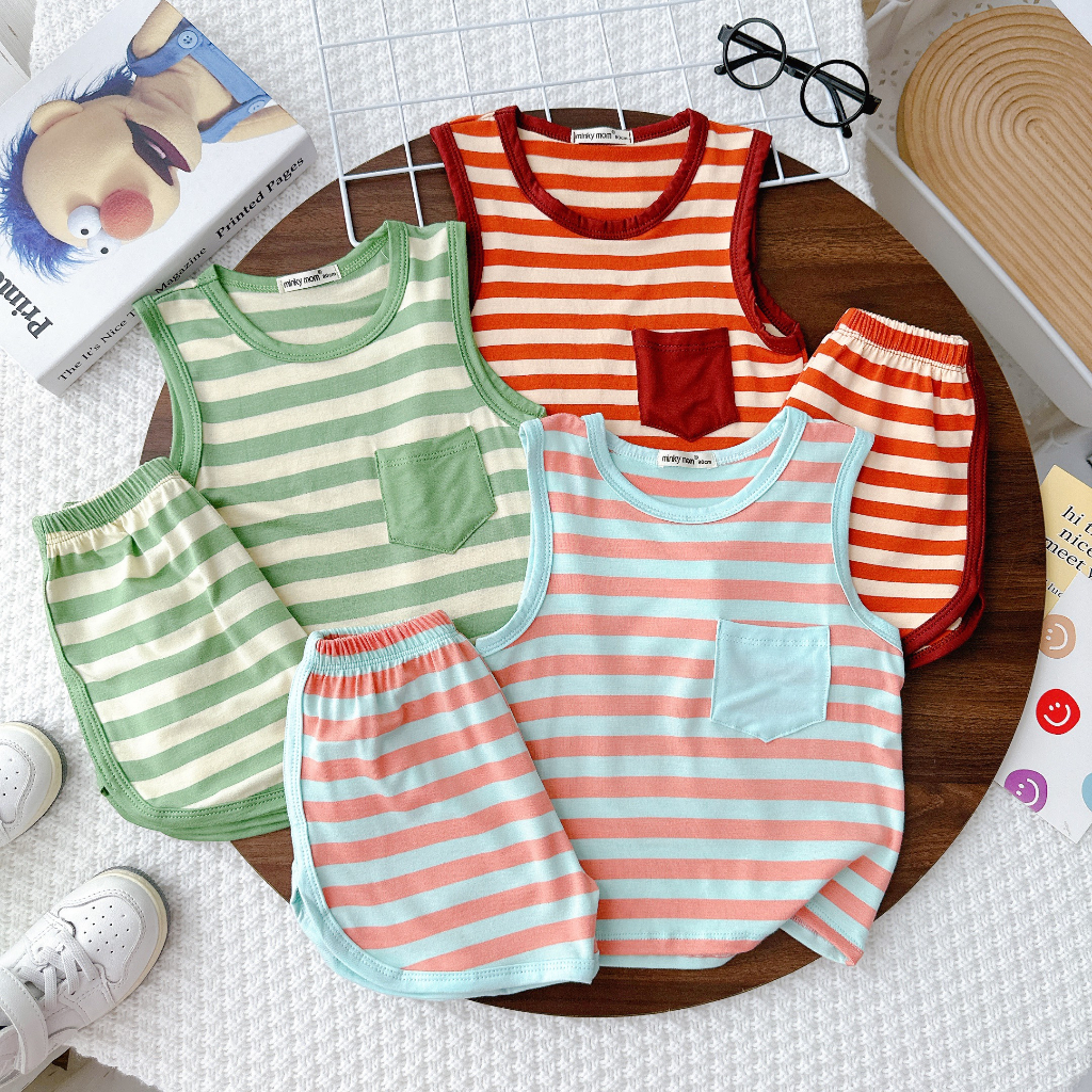 Bộ ba lỗ,sát nách Cho Bé vải Minky Mon sọc ngang size 7-29kg cho bé Trai Bé/ Gái Mềm Mịn Thoáng Mát Co Giãn Tốt