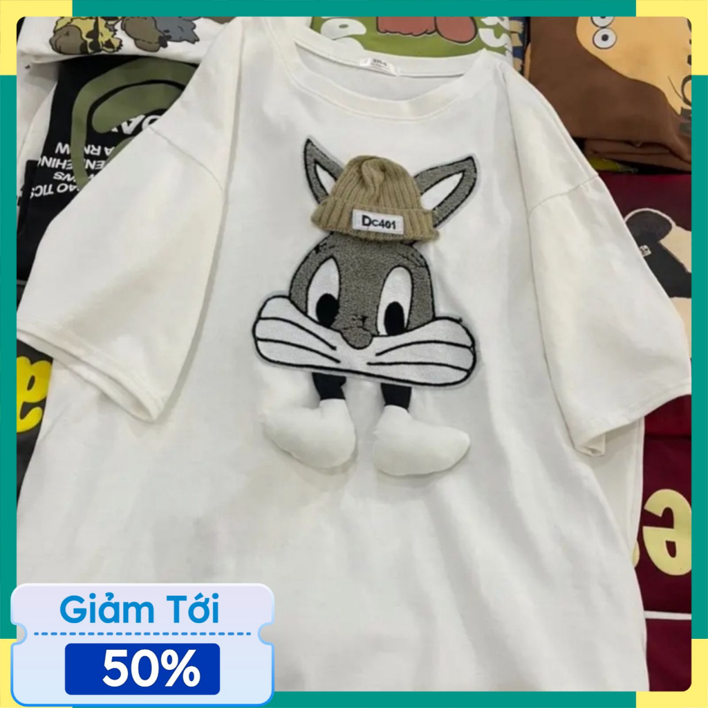 Áo thun nữ nam tay lỡ form rộng Thỏ Đội Mũ Thêu Oversize Unisex chất cotton siêu đẹp vải dày dặn | BigBuy360 - bigbuy360.vn