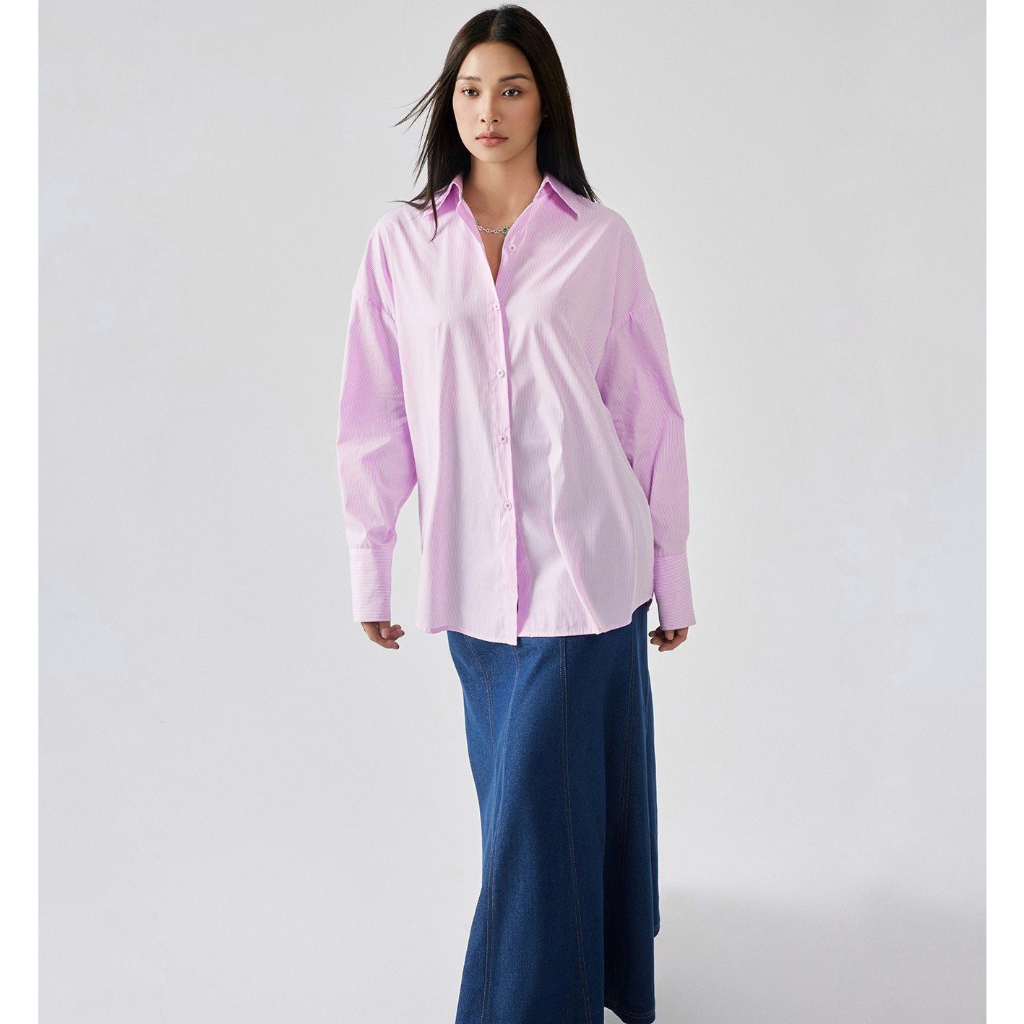 REINA - Áo Reina Striped Cotton-poplin blouse - Embellished Fish-tail Denim Maxi Skirt