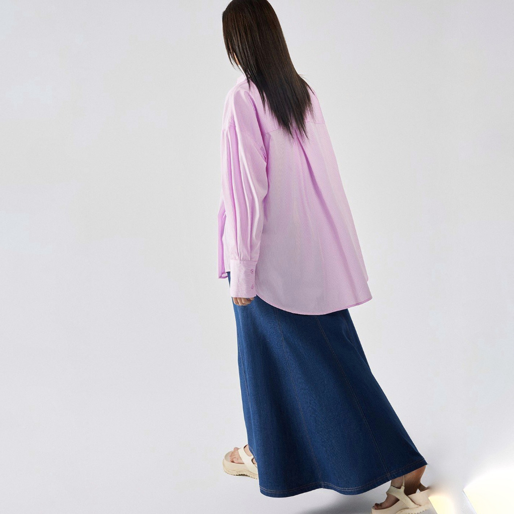 REINA - Áo Reina Striped Cotton-poplin blouse - Embellished Fish-tail Denim Maxi Skirt