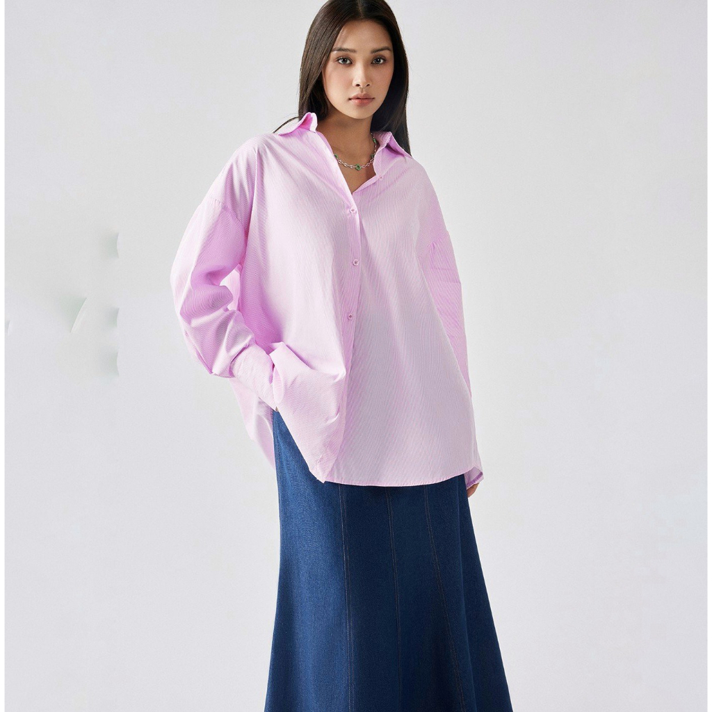 REINA - Áo Reina Striped Cotton-poplin blouse - Embellished Fish-tail Denim Maxi Skirt