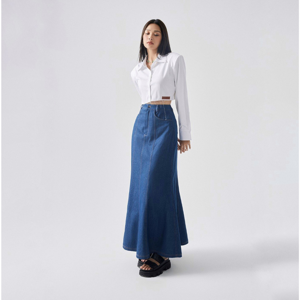 REINA - Áo Cropped Cotton-poplin Shirt - Embellished Fish-tail Denim Maxi Skirt