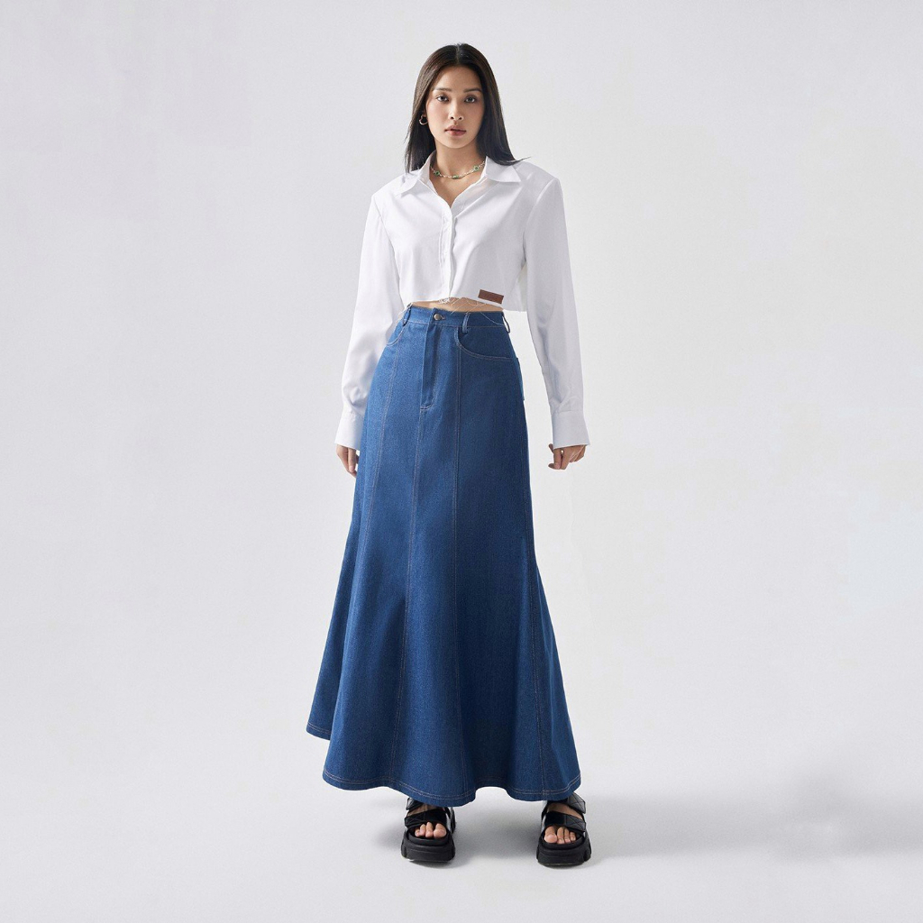 REINA - Áo Cropped Cotton-poplin Shirt - Embellished Fish-tail Denim Maxi Skirt