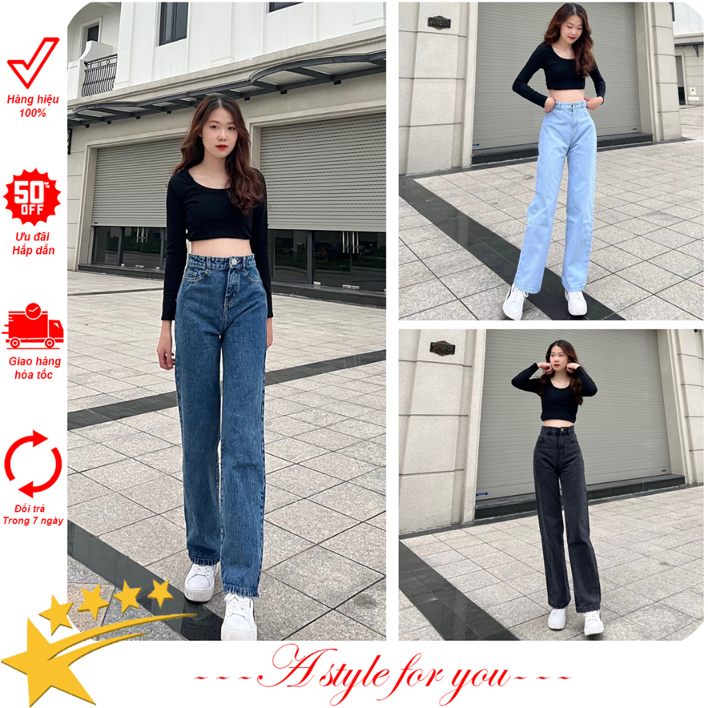 Quần jean nữ ống suông lưng cao, Quần bò nữ ống rộng baggy cạp cao phong cách Hàn Quốc QS01