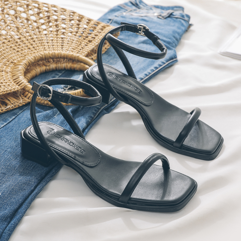 Sandal nữ 3 phân gót vuông quai mảnh phong cách vintage