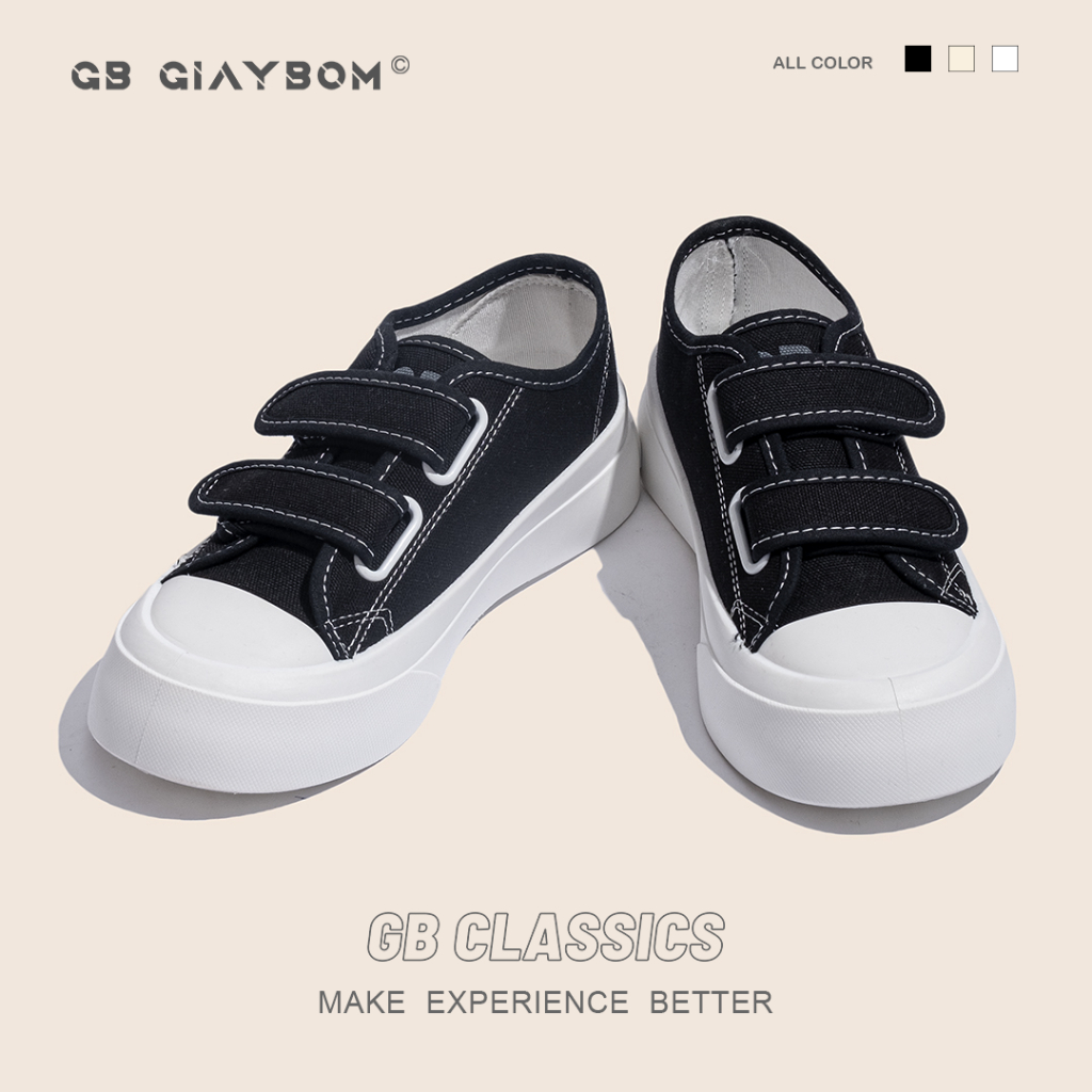 Giày Sneaker Nữ Đế Độn, Thể Thao Quai Dán Vải Canvas Màu Đen Trắng Phù Hợp Đi Học, Chơi Mới Nhất Giày BOM B1474