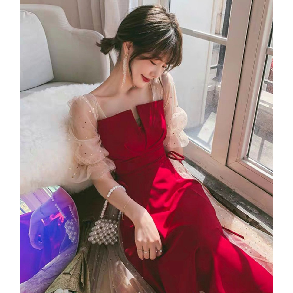 Đầm Nữ Xếp Ly Ngực Phối Tay Lưới Kim Sa Cổ Nơ Eo Cao Cấp Sam Closet Phù Hợp Để Tới Công Sở, Đi Làm Hoặc Đi Chơi.