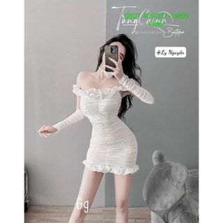 Đầm body nhúm kèm chocker cổ không kèm tay rời nhún chất gân
