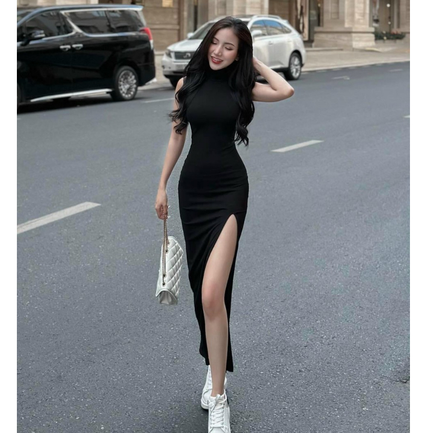 Đầm body cổ lọ sẻ tà tôn dáng, quyến dũ hấp dẫn cho nàng diện đi chơi, dạo phố