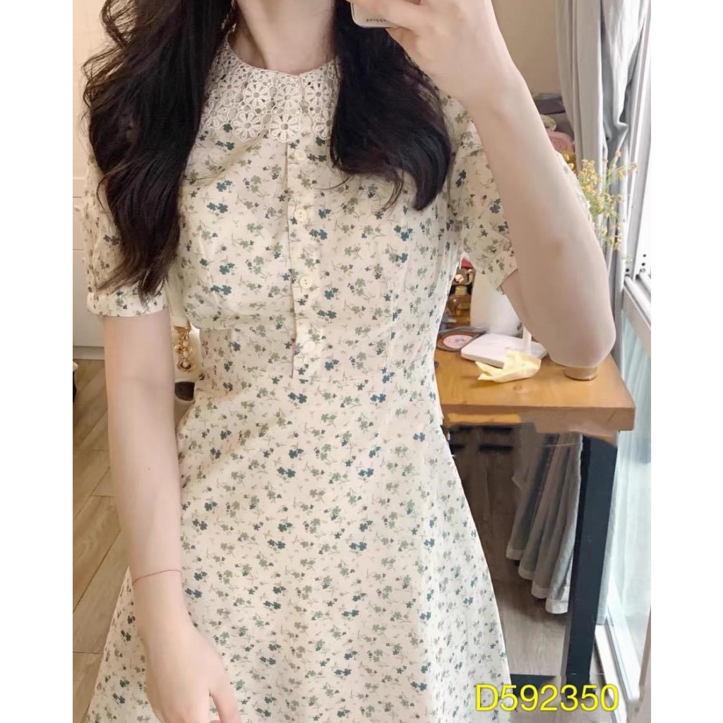 Váy Hoa Nhí Spring Dress Cổ Trắng Ren Tiểu Thư Thiết Kế Che Khuyết Điểm Vòng Eo - Đầm Voan Hàn 2 Lớp
